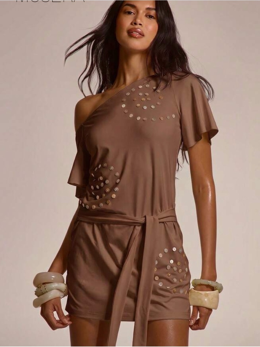 SHEIN One-Shoulder Brown Asymmetrical Sequin-Accent Dress